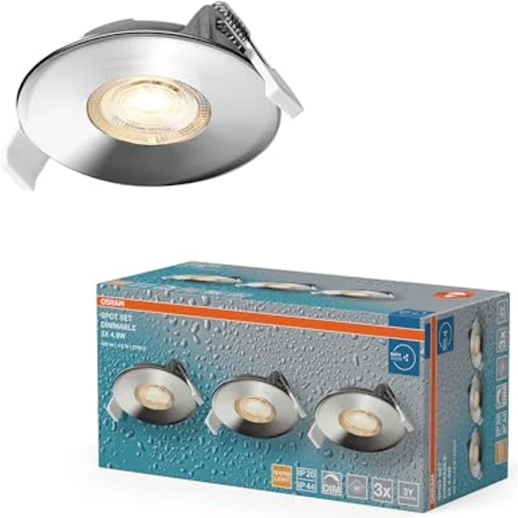 Osram Spot Set LED Einbaustrahler DIM IP44 827 Chrom, 3er Set Badezimmer dimmbar schwenkbar, warmweiß 2700K – Bild 1