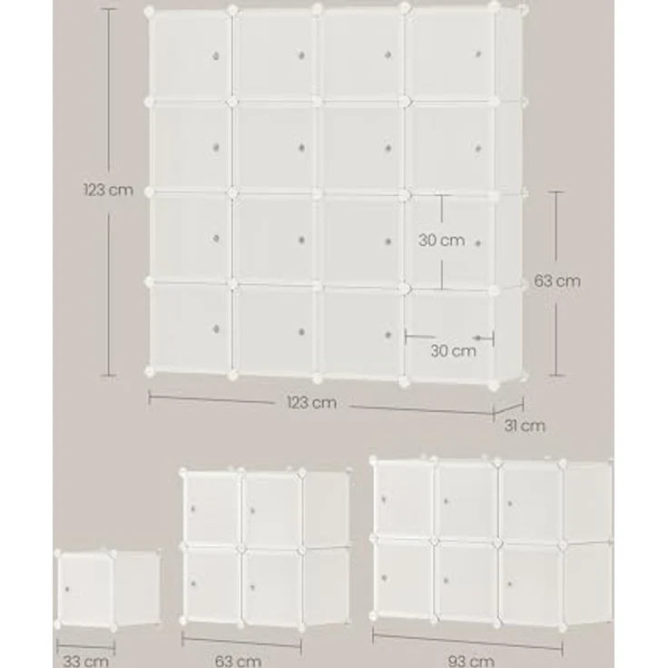 SONGMICS Regalsystem, Schuhregal, Set aus 16 Würfeln, Kleiderschrank aus Kunststoff, mit Türen, Steckregal, Aufbewahrung von Kleidung, Schuhen und Büchern, einfache Montage, cremeweiß LPC443W01 – Bild 3