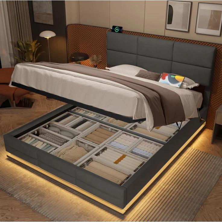 Polsterbett 180x200 cm mit LED-Beleuchtung, USB-Anschluss und Stauraum – Grau, Ohne Matratze – Bild 3
