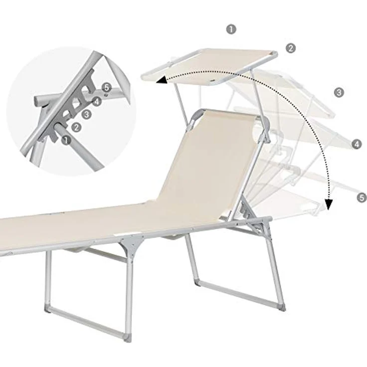 Songmics Sonnenliege mit Dach, Liegestuhl, Gartenliege, Aluminium, groß, 65 x 200 x 48 cm, bis 150 kg belastbar, Rückenlehne verstellbar, klappbar, Garten, Balkon, Terrasse, beige GCB26BE – Bild 5