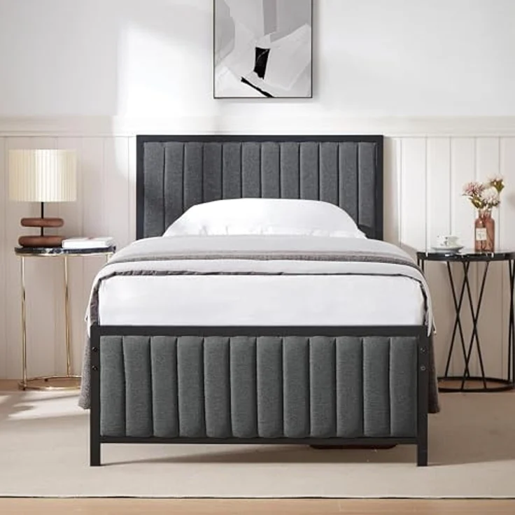 VECELO Bettgestell 90x200 cm, Metallbett Einzelbett mit Gepolstertem Kopf- und Fußteil, Bettrahmen mit Lattenrost, 32cm Höhe unter dem Bett, Kein Boxspring Erforderlich, Grau – Bild 1
