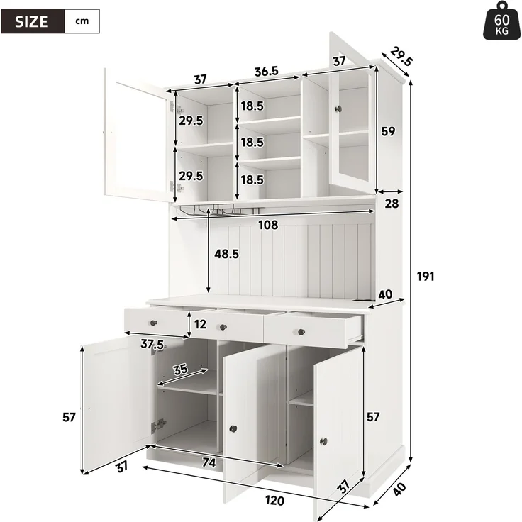 Buffetschränke, Esszimmer-Hochschrank 120×40×191 cm, mit Glastüren, Gläserhalter, mehrstufigem Stauraum, integrierter Steckdose sowie USB-C- und USB-A-Anschlüssen, Weiße und schwarze Griffe--Weiß--120x40x191cm--YOUDENOVA – Bild 9