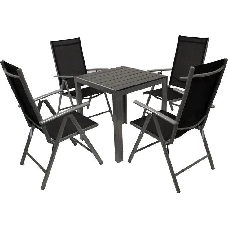 Garnitur SORANO 5-teilig mit Tisch 70x70 cm, Aluminium + Kunstholz + Kunstgewebe schwarz
