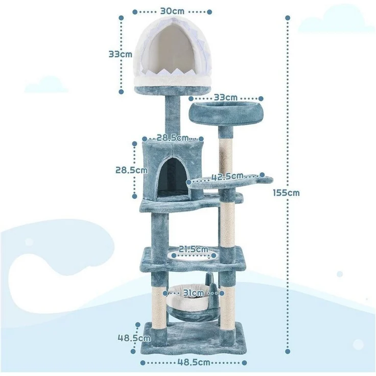 Yaheetech Kratzbaum 155 cm (H), Katzenbaum mit Katzenhöhle & Katzenbett & Kratzstämme, Ozean Design – Bild 3