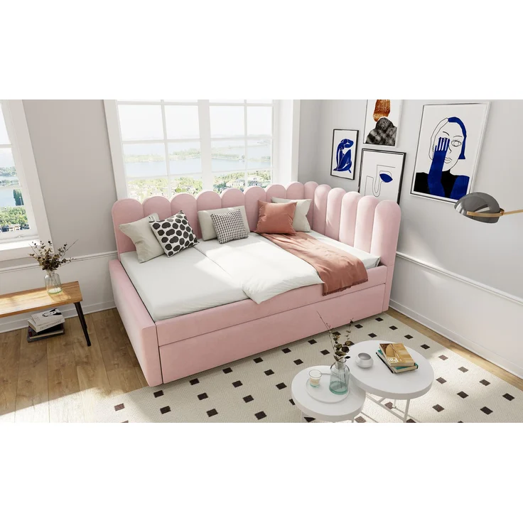 ZUBALIYA Schlafsofa 140x200 cm, Ausziehbett, mit Polsterstoffbezug, Rosa, ohne Matratze – Bild 16