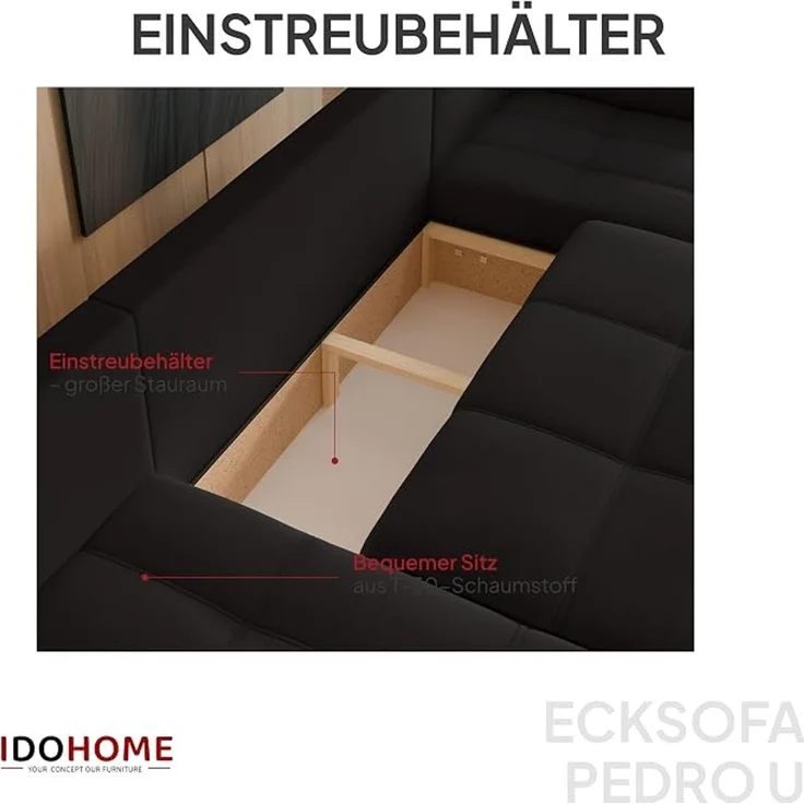 U-förmiges Ecksofa mit Schlaffunktion und Bettkasten, Schwarz, Maße: 318 x 145 x 79 cm – Bild 4