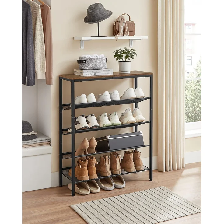 Vasagle Schuhregal 5-stöckig, Holzspanplatte Vintagebraun/Schwarz, 28 x 75 x 93 cm – Bild 4