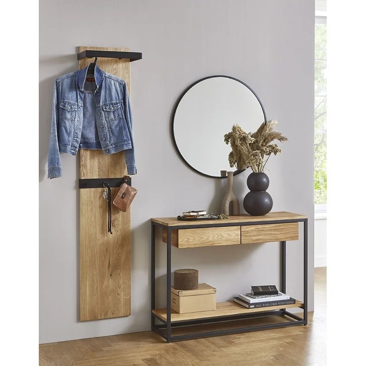 Haku Wandgarderobe aus Eiche Massivholz mit schwarzem Metallrahmen, 7 Haken und Kleiderstange, 35x25x175 cm – Bild 2