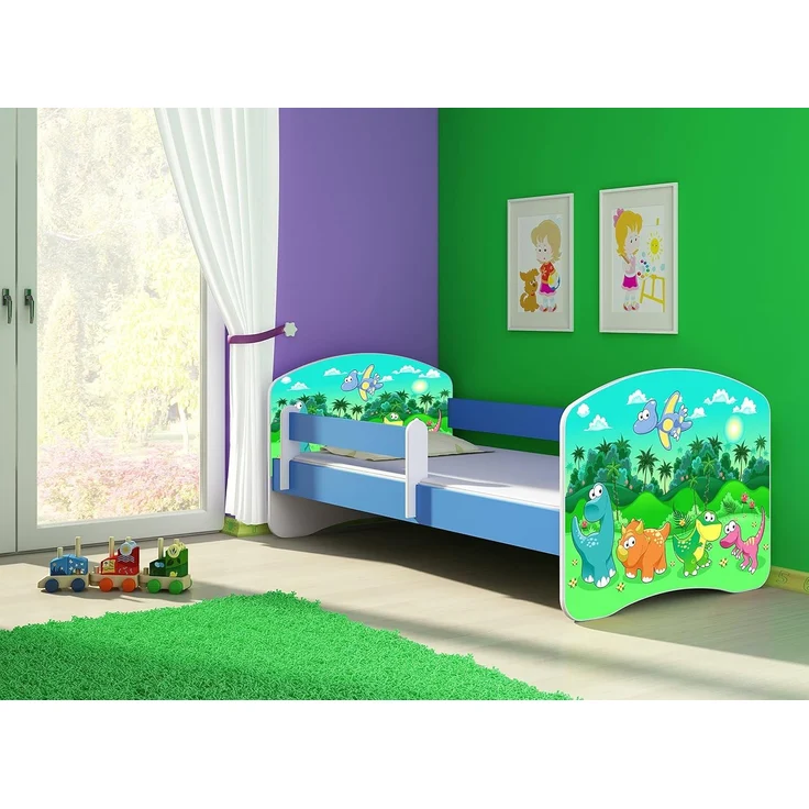 ACMA Kinderbett Jugendbett mit Einer Schublade und Matratze Blau mit Rausfallschutz Lattenrost II 140x70 160x80 180x80 (30 Dino, 140x70) – Bild 2