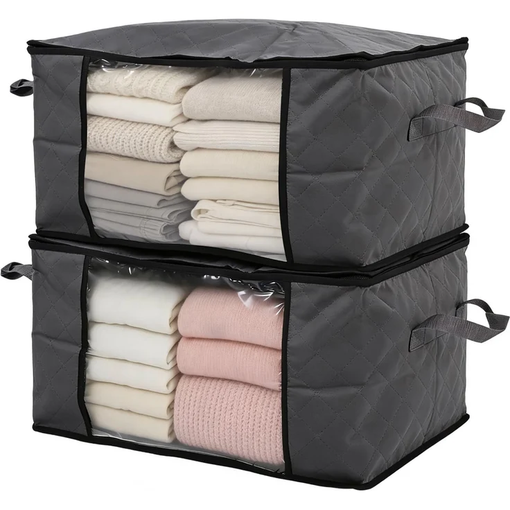 Sekey 2 Stück 60L Aufbewahrungstasche, Faltbare Kleiderschrank Organizer, Stoff-Aufbewahrungsbox mit Doppelreißverschluss und Deckel, Groß Bag für Kleidung, Bettwäsche, Umzug, 55 x 35 x 31.5 cm, Grau
