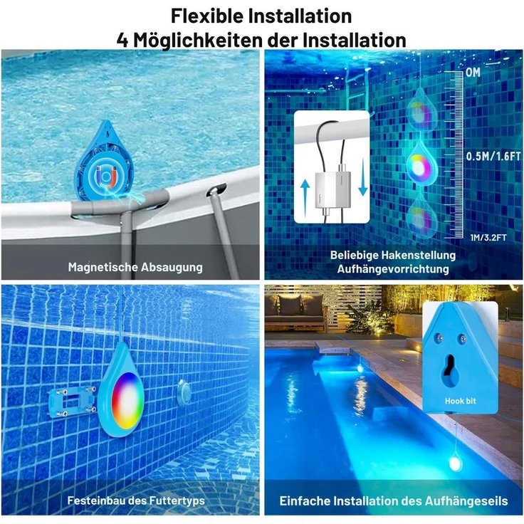 Vivitar Pool-Lampe 15W Poolbeleuchtung IP68 Wasserdicht & Dimmbar mit Magnet, LED fest integriert, RGB, APP-Steuerung - Farbwechselnde RGB-LED-Poolbeleuchtung für pool – Bild 2