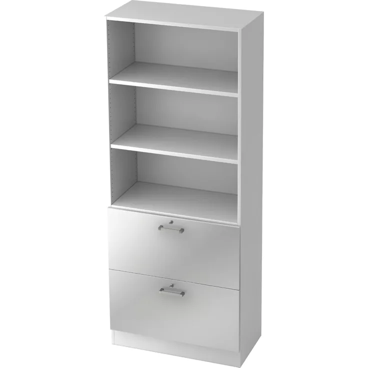 bümö office Aktenschrank mit Hängeregister-Schubladen abschließbar, Büroschrank Holz, 80cm breit in Weiß/Silber - Hängeregistratur für Hängeordner, Büro Schrank mit Chromgriffen, 7300-W-S-CE
