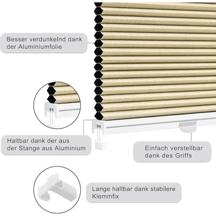 WOLTU Wabenplissee ohne Bohren Verdunklung Thermo Doppelplissee Klemmfix Zweifarbig 75x120 cm Beige-Weiß, Plissee Faltrollo Sonnen-, Sicht- & Schallschutz, Jalousie Plisseerollo für Fenster & Tür – Bild 5