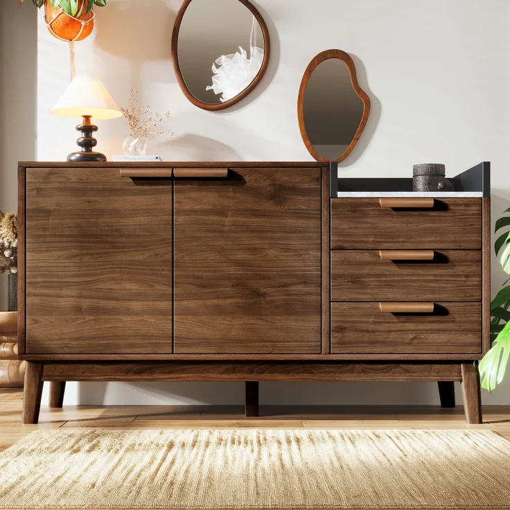 Merax Wohnzimmer Kommode mit Marmor-Optik Platte - Offene Ablage + 3 Schubladen & Doppeltürschrank (innen höhenverstellbar) - Massivholzbeine & kehrroboterfähig, H77/B120/T40 cm – Bild 3