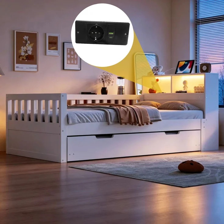 Merax Einzelbett, Multifunktionales Holzbett 90 × 200 cm, Mit Ausziehbarem Bett, Ablage und Staufach, Ausgestattet Mit Steckdose und LED-Beleuchtung, Sicherheitsgitter, Weiß – Bild 3