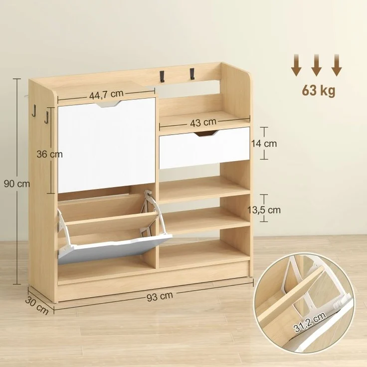 Schuhschrank Mit Umklappbaren Schubladen & Haken - Schuhkipper Modern Mit Holzoptik Und Kippschutz, Bis EU 45 – Bild 7