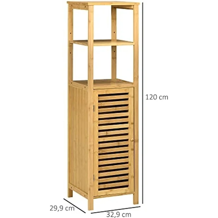 Kleankin Badkommode höhevestellbar, aus Bambus, mit Schrank, zwei offene Ablagen (Badezimmerschrank, 1 St, Badezimmermöbel), für Badezimmer, 33 x 30 x 120 cm Naturholz – Bild 3