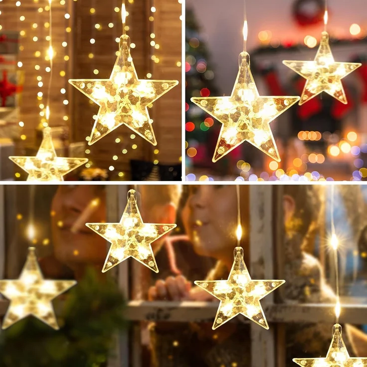 SALCAR 3m LED Sternen Lichtervorhang, 222 LED mit 16er Stern LED Lichterkette Sterne, Fenster Deko LED Stern mit timer, Weihnachtsbeleuchtung für Weihnachten Balkon Party Hochzeit - Warmweiß – Bild 5