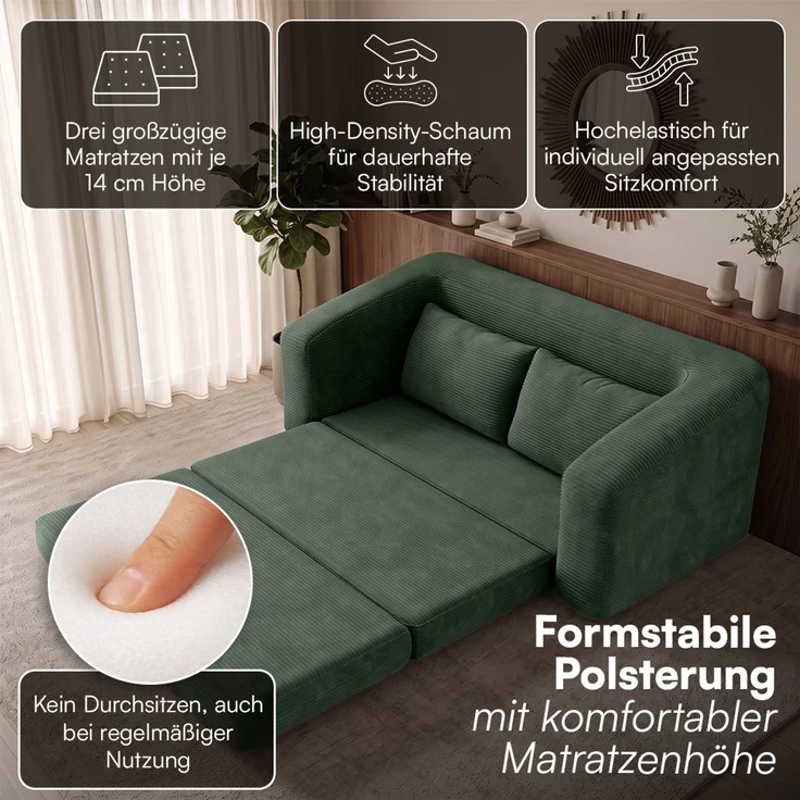 skølm 'Fjäll' Schlafsofa 2 Sitzer mit 2 Kissen, dunkelgrün, Cordsofa ausklappbar, mit Liegefunktion, vakuumverpackt ohne Aufbau – Bild 2