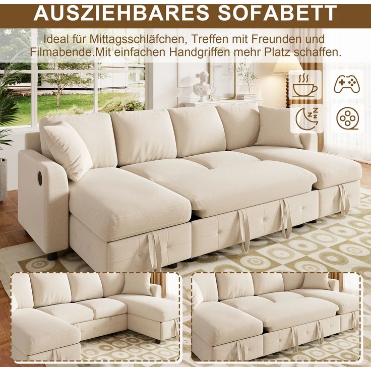 Merax U-Form Chenille Sofa mit Schlaffunktion, Schlafsofa mit 2 Stauraum-Chaiselongues, ausziehbares Schlafsofa mit 1× USB & 1× Type-C Ladeanschluss, mit 2 Kissen, Beige, 260×128×82 cm – Bild 8