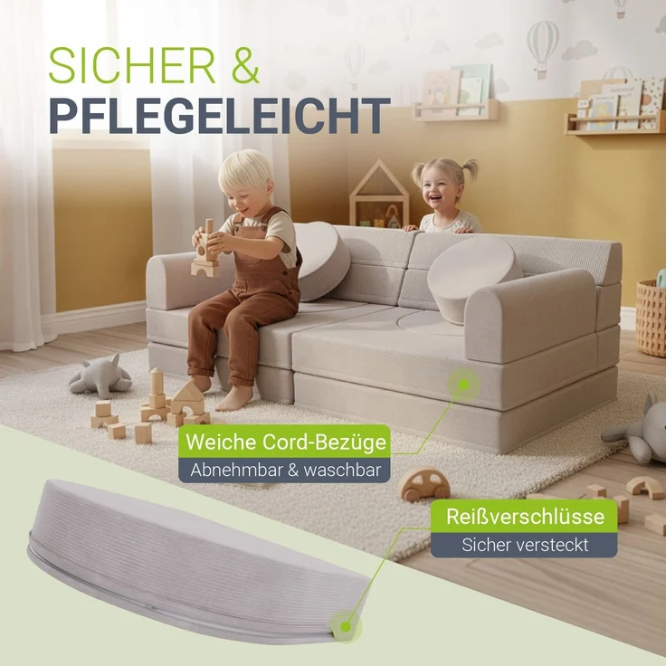 Juskys Kindersofa Kayo –Cord, modular & weich, Sofa für Kinderzimmer & Spielzimmer, sicher, flexibel, pflegeleicht, mit abnehmbaren Bezügen – Beige – Bild 3
