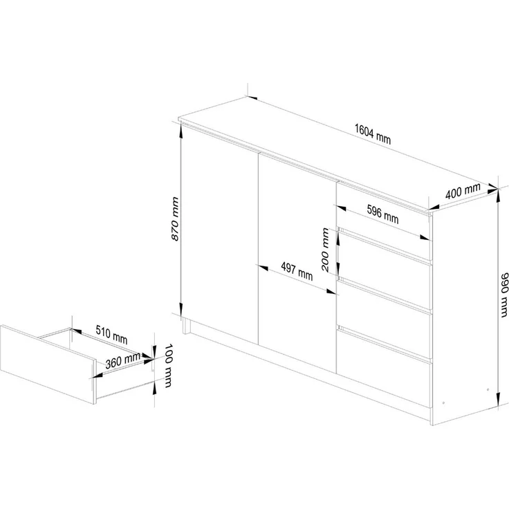 Raumhirsch Furniture Kommode 160 cm mit 4 Schubladen Türen Sideboard Schubladenschrank Wohnschrank, Highboard / Kommode 160 cm, Sideboard Organizer für jeden Raum – Bild 3
