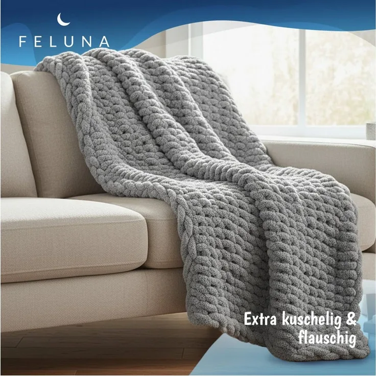 Wohndecke Grobmaschige Wohlfühldecke, Feluna, Flauschige Kuscheldecke Grobstrick Tagesdecke