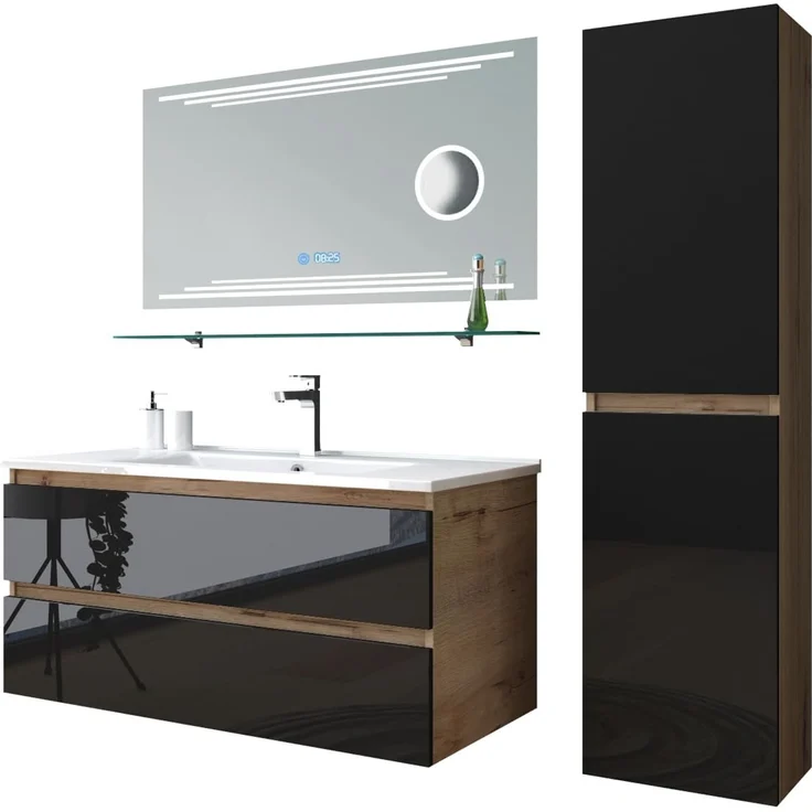 Homeline Badmöbel Set Eiche/Schwarz Kaiser Hochglanz 90cm Spiegel incl LED (90, 5, 1x Seitenschränke) – Bild 2