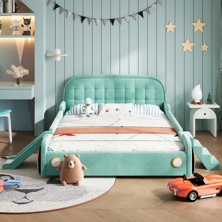 Kinderbett, Autobett mit Rutsche und Treppe, links/rechts montierbar, weiches Polsterbett in Blaugrün, Spielbett mit Fallschutz für Kinderzimmer, 140x200 cm – Bild 3