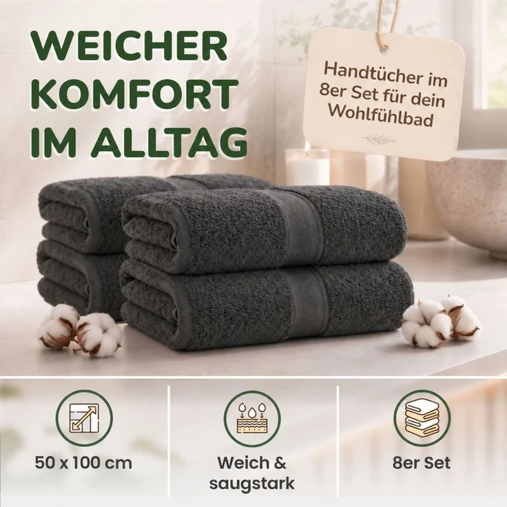leevitex® Handtücher 8er-Set, 50 × 100 cm, aus 100% Baumwolle, Anthrazit, Frottee (Set, 8-St), OEKO-TEX® STANDARD 100 zertifiziert und hochwertig verarbeitet – Bild 2