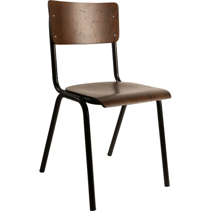 Dutchbone Esszimmerstuhl Scuola im 4er-Set, Retro-Design mit Buchensperrholz-Sitz in Walnuss-Optik und schwarzem Metallgestell – Bild 1