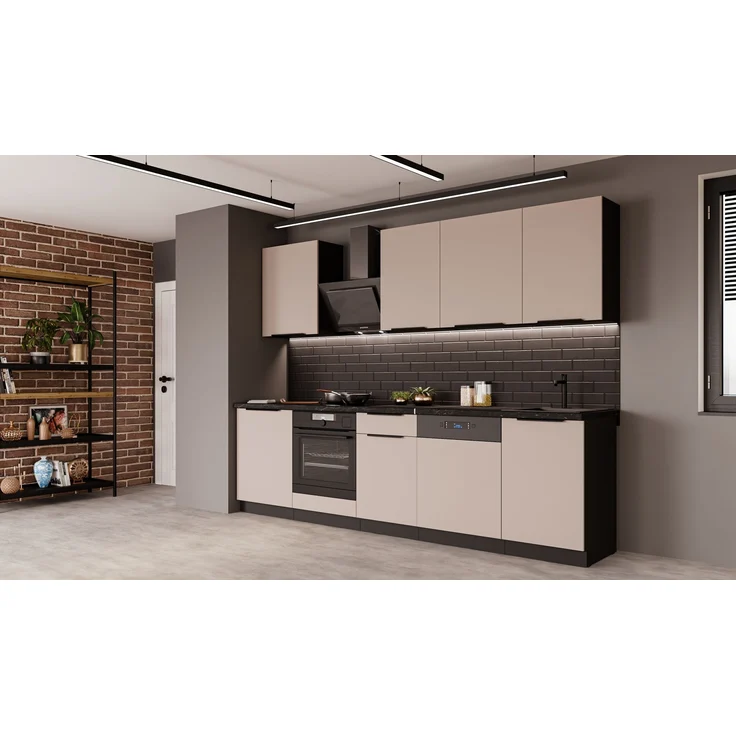 Küche ARONA BASIC 280 cm Küchenzeile Küchenblock Einbauküche Kaschmir beige matt + Schwarz matt – Bild 1