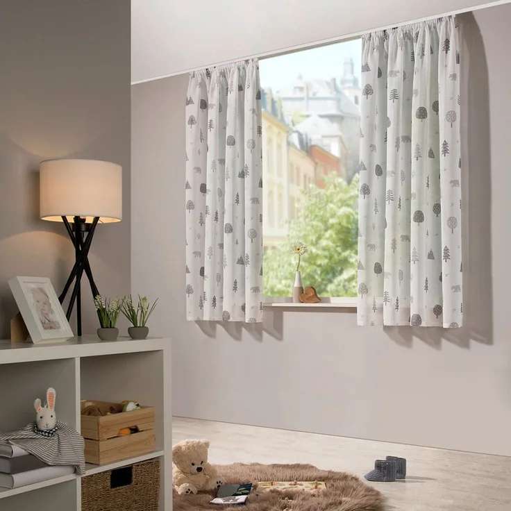 heimtexland Vorhang Kindergardine Skandi-Stil Dekoschal Wald Bär Grau (1 St), Kräuselband, halbtransparent, Polyester, Leinenoptik I Natur I Kräuselband I Kinderzimmer I Vorhang