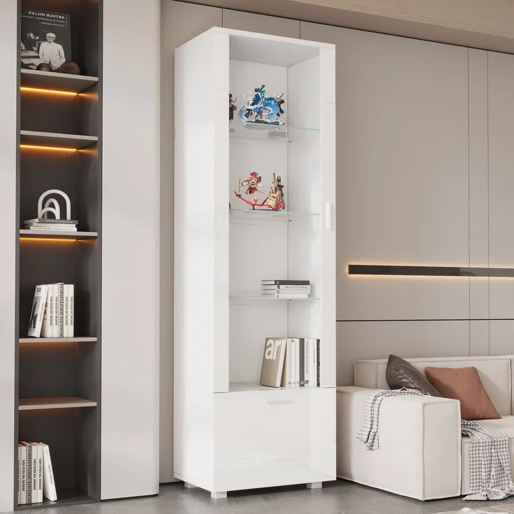 50*40*160cm Weiß Hochglanzvitrinen mit Acryltür, LED-beleuchtete Acryl-Vitrine, Vitrinen für Sammlerstücke, Parfümschränke, Bücherregale und Acryl-Vitrine mit Weiß Hochglanztüren (3 Fachböden)--Weiß--50x40x160cm--YOUDENOVA – Bild 4