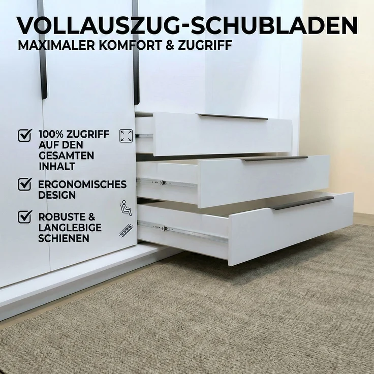 Drehtürenschrank vier¬türiger VIVO Kleiderschrank mit Schubladen und Metallgriffen. – Bild 6