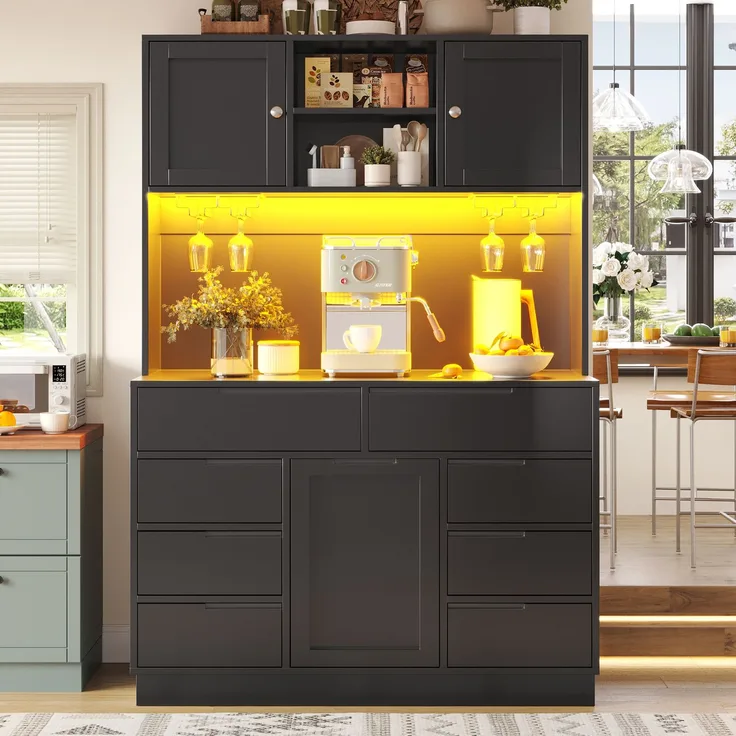 Merax 183.5cm Hochschrank, Küchenschrank mit Smart LED Beleuchtung, Hochschränke fürs Wohnzimmer, USB Ladeanschluss, 8 Schubladen, Magnetverschluss, Höhenverstellbaren Böden, Schwarz
