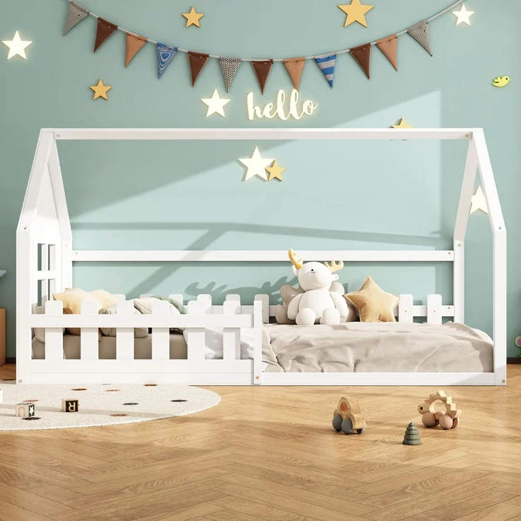 Kinderbett 90x200 cm in Hausform, Weiß Jugendbett aus Kiefer & MDF, stabiles Hausbett für Mädchenzimmer – Bild 2