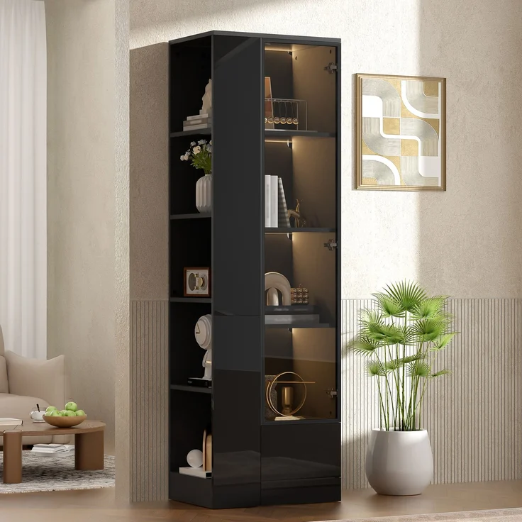 Vitrine mit Glastür & LED-Beleuchtung – Hochglanz-Schrank mit Schubladen & offenen Fächern, viel Stauraum für Wohnzimmer & Esszimmer, Schwarz, 50x35x160 cm – Bild 7
