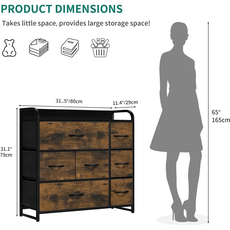 YITAHOME kommode mit Schubladen, Schrank mit 7 Schubladen aus Stoff, Aufbewahrungskommode Modernen Stil für Schlafzimmer, Wohnzimmer, Kinderzimmer, Flur, rustikal braun – Bild 3