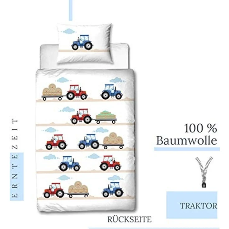 MTOnlinehandel Babybettwäsche Traktor 100x135 + 40x60 cm, 100 % Baumwolle, Biber, 2 teilig, soft und kuschelweich für Babys und Kleinkinder – Bild 4