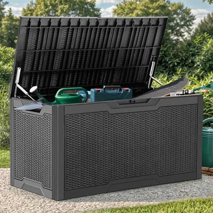 YITAHOME 100-Gallonen-Harz-Deckbox, wetterfest Außenspeicherbox, verschließbarer Innen- und Außenspeicher für Zubehör und Grundbedarf, schwarz – Bild 2