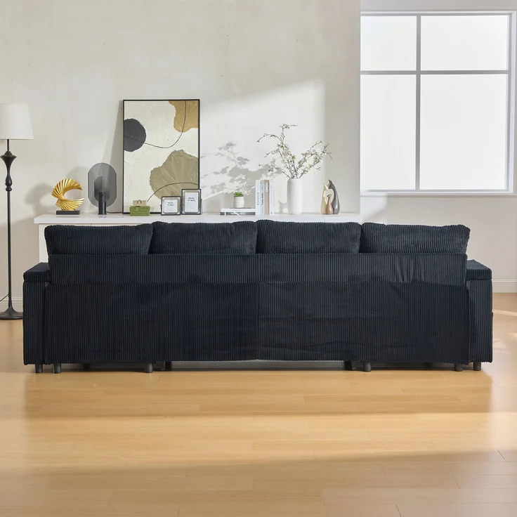 Flieks 4-Sitzer Schlafsofa aus Samt, mit beidseitigen Chaiselongues, Stauraum, Seitentasche, Getränkehaltern und USB-Anschlüssen, Schwarz – Bild 10