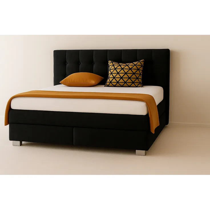 A&J MöbelLand Boxspringbett VERONA 160 x 200 cm mit zwei 7-Zonen-Taschenfederkernmatratzen und gepolstertem Kopfteil. Farbe: Schwarz
