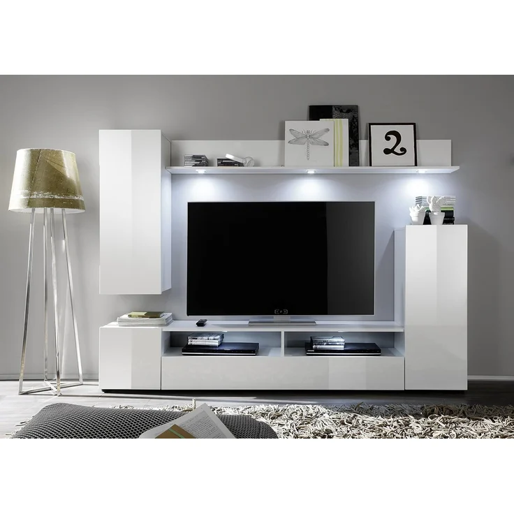 Wohnwand Medienwand Win in weiß Hochglanz 208 cm Fernsehschrank bis 55" – Bild 4