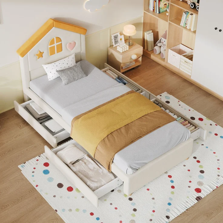 Merax Kinderbett, 90x200 cm, Polsterbett, mit 4 Schubladen, Stauraumbett für Kinderzimmer, Jugendbett mit französischem Samt, gepolstertes Bett mit Haus-Kopfteil, Beige – Bild 3