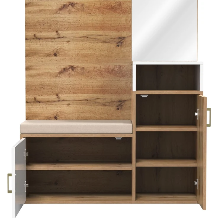 Garderobe Schuhschrank Flurmöbel 105 cm Weiß Holz - Mit Spiegel, Sitzbank, Haken & Stange, höhenverstellbar – Bild 8