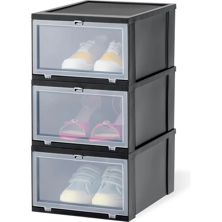 Iris Ohyama, Boxen, Schuh-Organizer aus Kunststoff, 14 l, 3er-Set, stapelbar, BPA-frei, EUDF-M, schwarz, stapelbar, Verschlussclips ? B35,5 x T28 x H18 cm