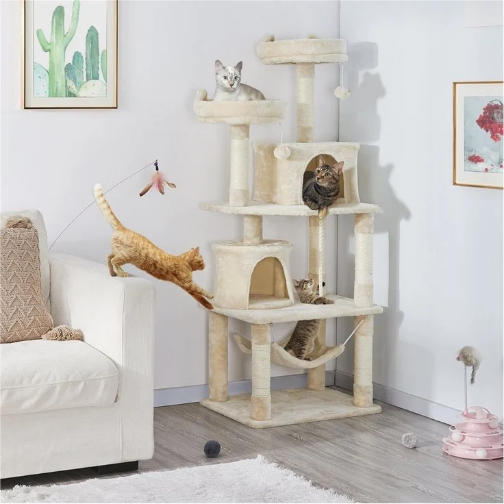 Yaheetech Kratzbaum 158/179/181 cm (H), Katzenbaum Kletterbaum 2 Aussichtsplattformen & 2 Höhlen & Hängematte – Bild 3