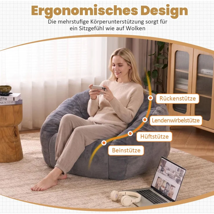Wohnora-Sitzsack, ein Sitzsack für Erwachsene und Kinder, ein superweicher, bequemer und flauschiger Sitzsack für den Boden, ideal zum Spielen, Lesen und Entspannen - Mittel(Hellgrau),H 60cm x T 98cm x B 98cm,Grau – Bild 5