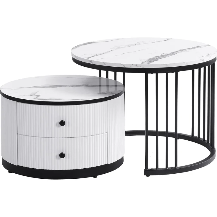 2er Couchtisch Set rund in Weiß, Wohnzimmertisch mit Marmoroptik Hochglanz, Beistelltisch mit Schubladen, modernes Tischset MDF – Bild 7